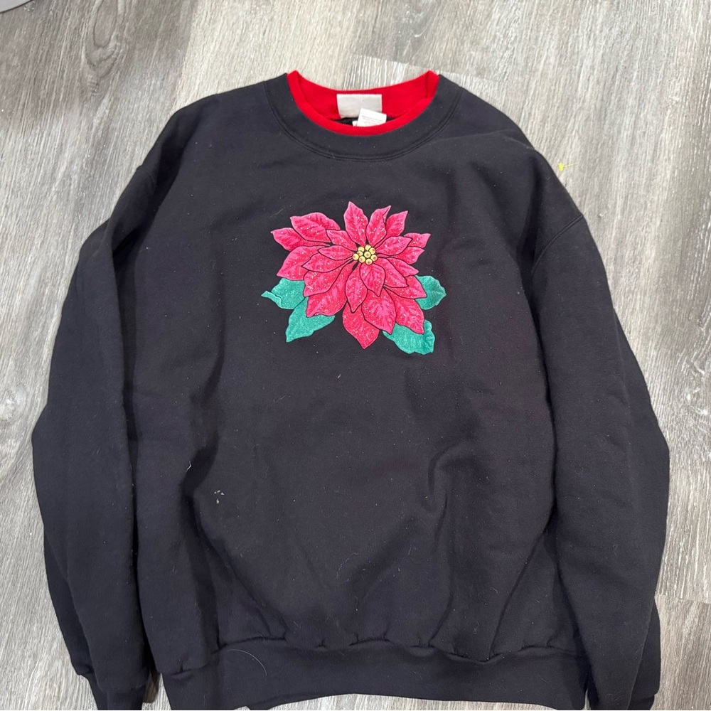 Vintage Christmas Black Sweater with Red Floral Design